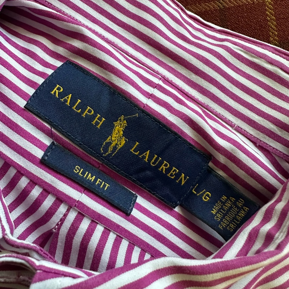 POLO Ralph Lauren Men’s Berry & White Stripe Slim Fit Button Down Shirt - Sz L